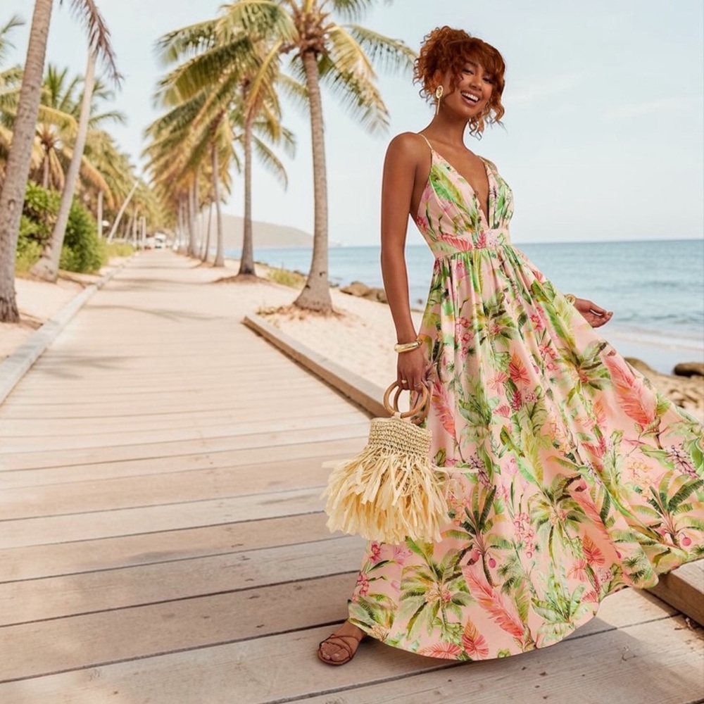 NWT- Floral Maxi Sundress with deep V-Neck- Pink and Green Tropical Floral print